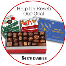 Image of See's Candies logo and holiday themed boxes of candy