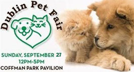 Dublin Pet Fair logo with a puppy and kitten, Dublin Pet Fair, September 27, 12noon to 5pm, Coffman Park Pavilion