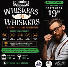 Image has a mustached man and Whiskers for Whiskers logo